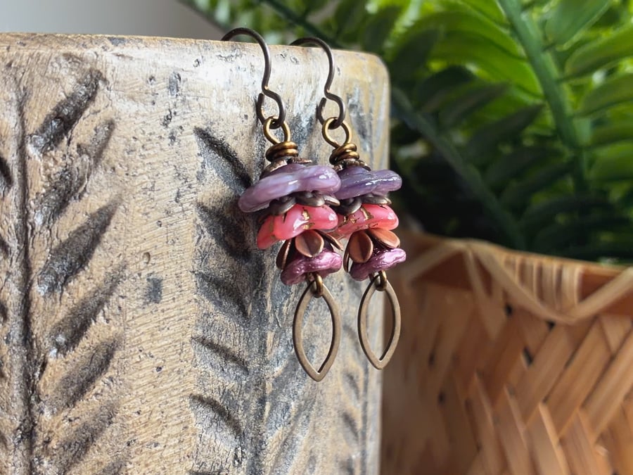 Lavender and Pink Czech Glass Flower Earrings with Antiqued Brass Earwires