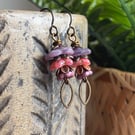 Lavender and Pink Czech Glass Flower Earrings with Antiqued Brass Earwires