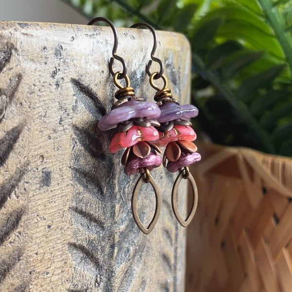 Lavender and Pink Czech Glass Flower Earrings with Antiqued Brass Earwires