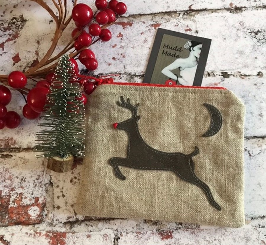 Christmas Reindeer Appliquéd Small Linen Purse 