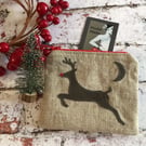 Christmas Reindeer Appliquéd Small Linen Purse 