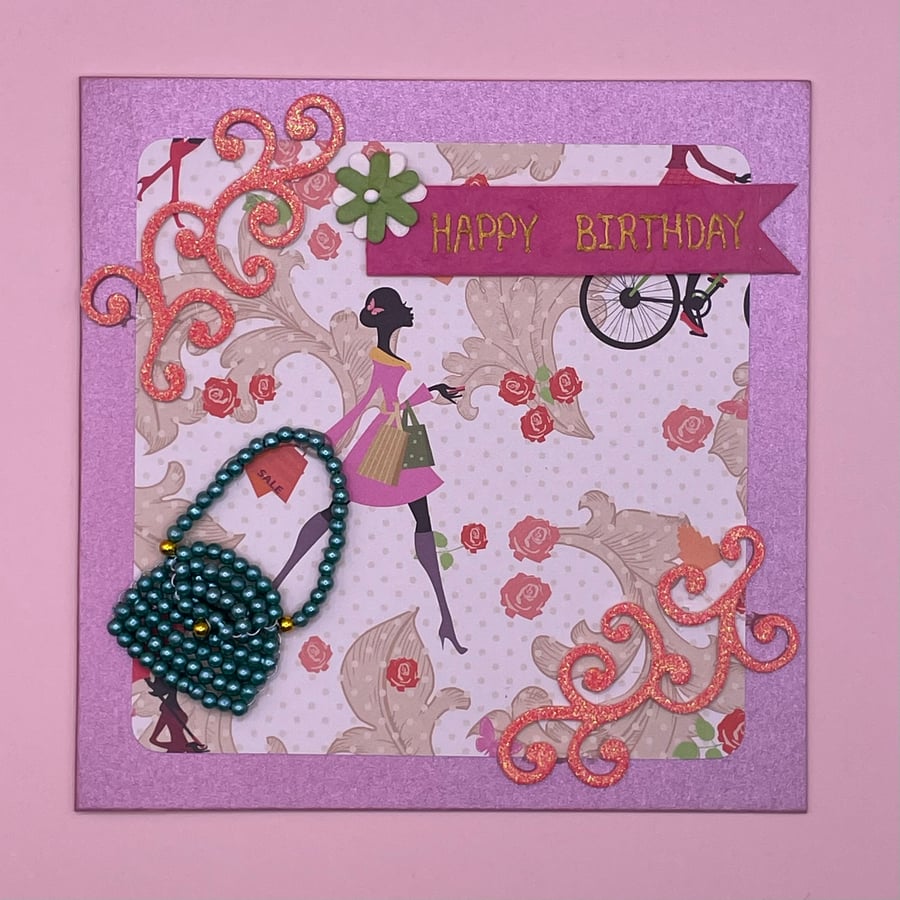 girly pink Birthday card with beaded handbag detail