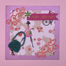 girly pink Birthday card with beaded handbag detail