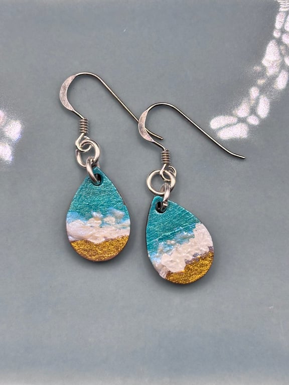 Hand painted earrings on wood - waves - seaside themed