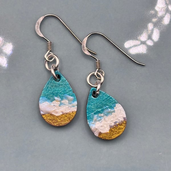 Hand painted earrings on wood - waves - seaside themed