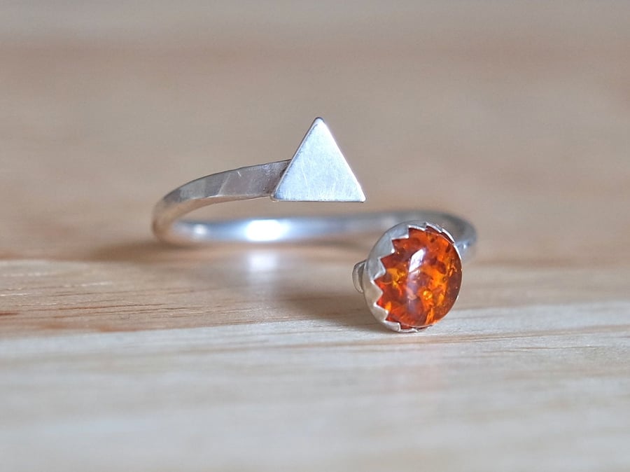 Amber silver ring, triangle open adjustable ring, gold brown baltic