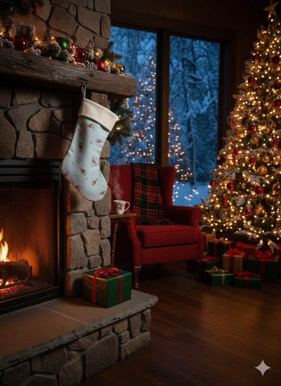 Stocking Hung by the Chimney, Waiting for Santa. Peter Rabbit fabric