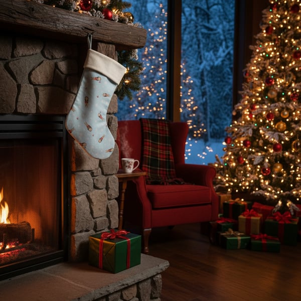 Stocking Hung by the Chimney, Waiting for Santa. Peter Rabbit fabric