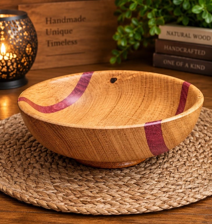 Oak, Purple heart & Lacewood Shallow Bowl, handturned bowl , decorative dish
