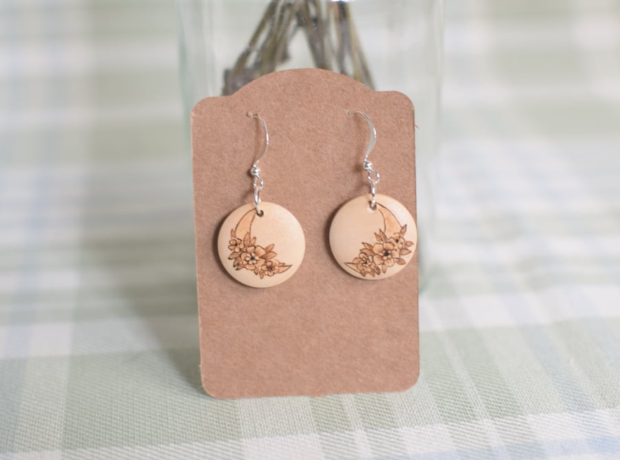 RESERVED THOMPSON Wooden Pyrography Earrings - Lunar Flowers 