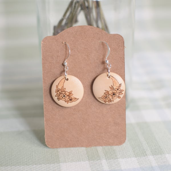 RESERVED THOMPSON Wooden Pyrography Earrings - Lunar Flowers 