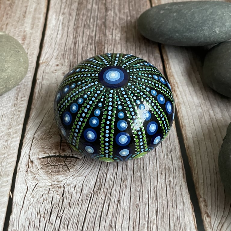 Blue Dot Mandala Sea Urchin Rock Art Stone Acrylic Art Painting Hand Painted