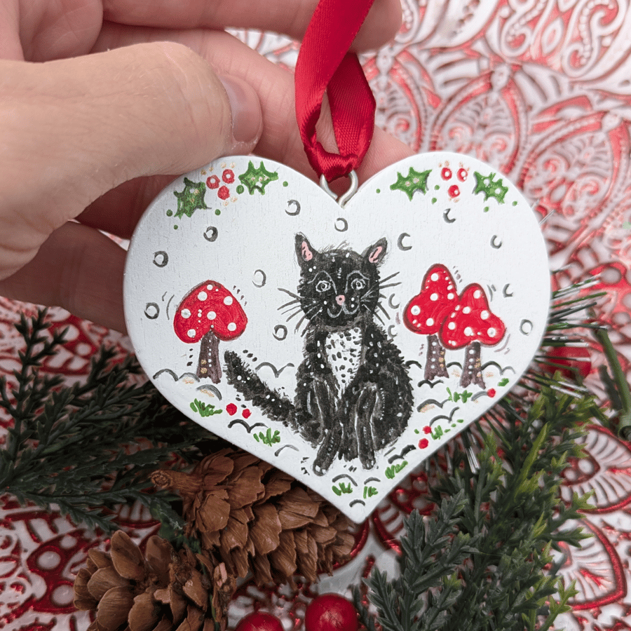 Christmas Cat wooden heart decoration