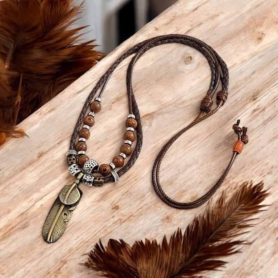 Boho Feather Necklace: mens jewellery, beaded mens necklace, unisex jewellery