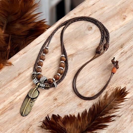Boho Feather Necklace: mens jewellery, beaded mens necklace, unisex jewellery