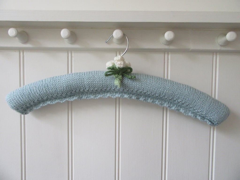Clothes hanger coat hanger - duck egg blue with cream rose buds
