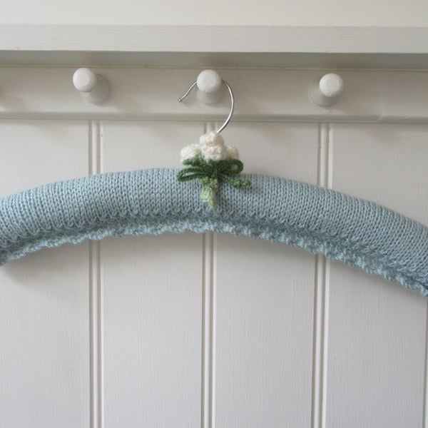 Clothes hanger coat hanger - duck egg blue with cream rose buds