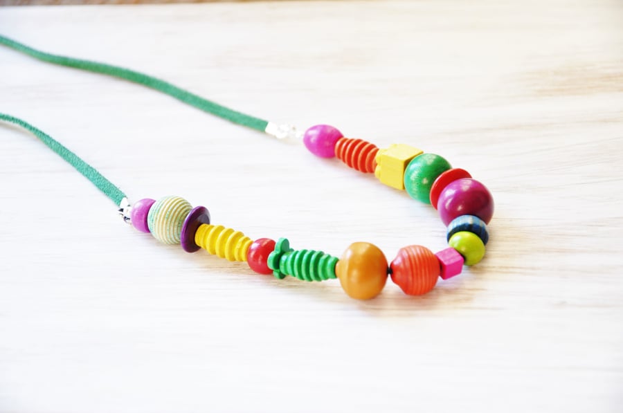 Wood pendant, Button necklace, Leather necklace, Green leather, Button pendant