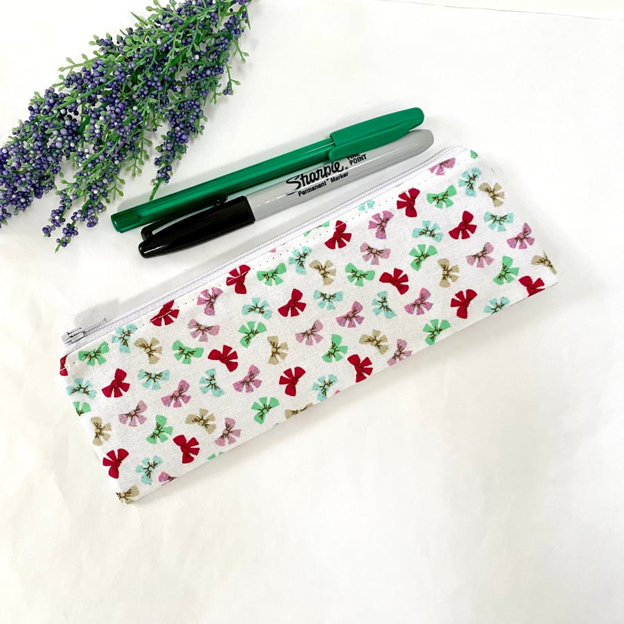 Slim Flat Pencil Case Hair Bows Fabric Lined with Zip 