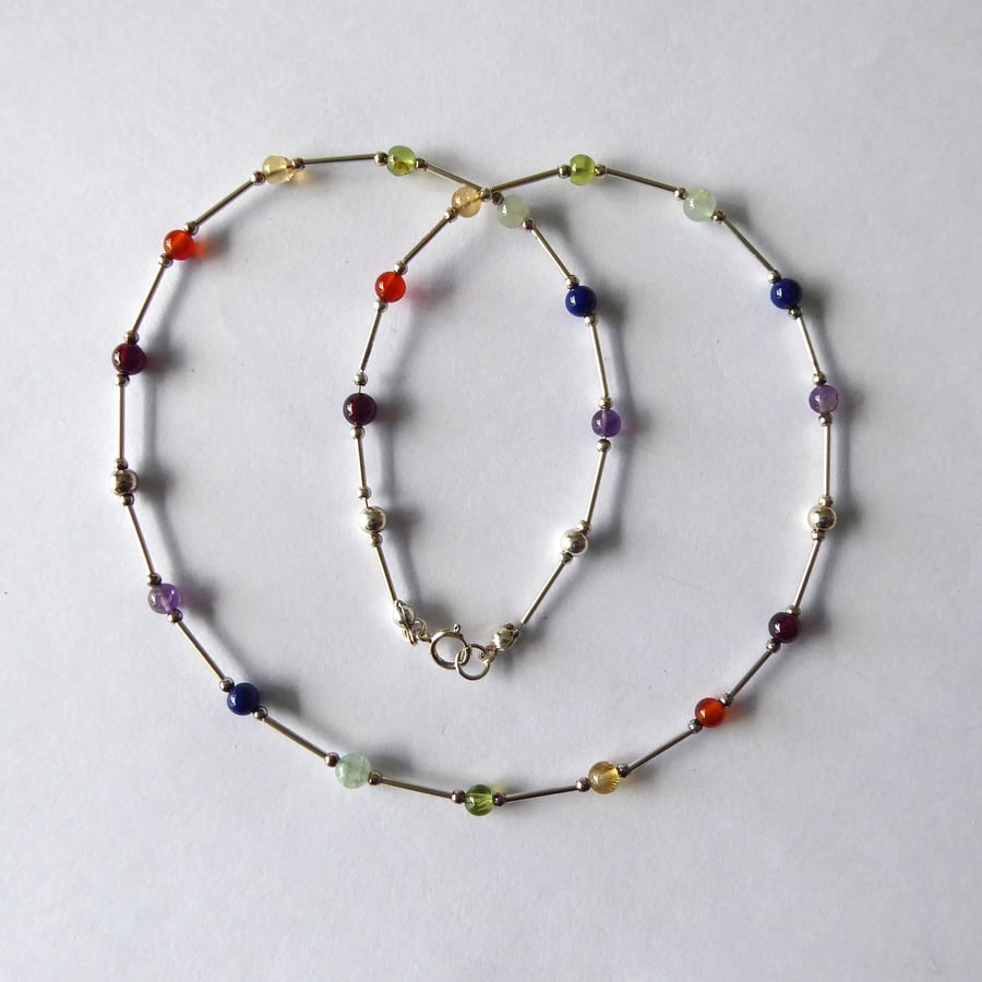 Sterling Silver and Gemstone Necklace with Rainbow coloured Chakra Crystals