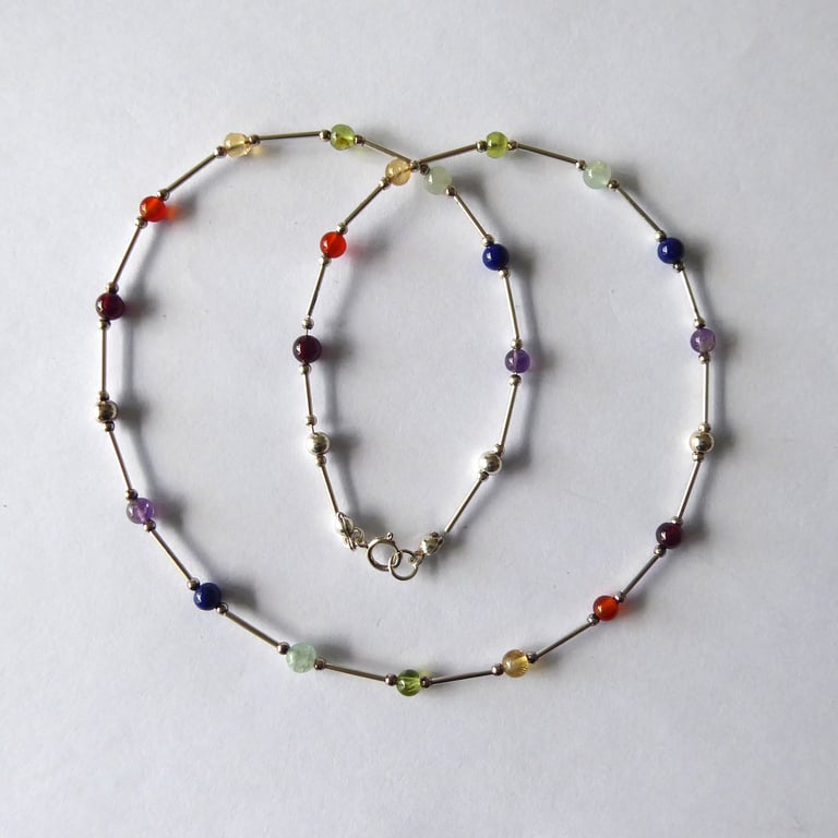 Sterling Silver and Gemstone Necklace with Rainbow coloured Chakra Crystals