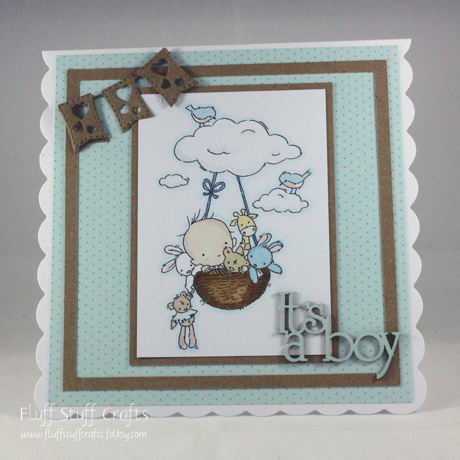 Handmade new baby boy card - baby in basket