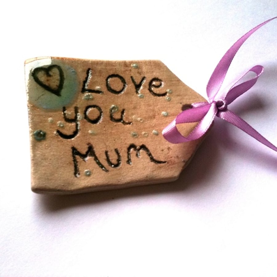 'Love You Mum' Ceramic Gift Tag with Teal Glossy Heart