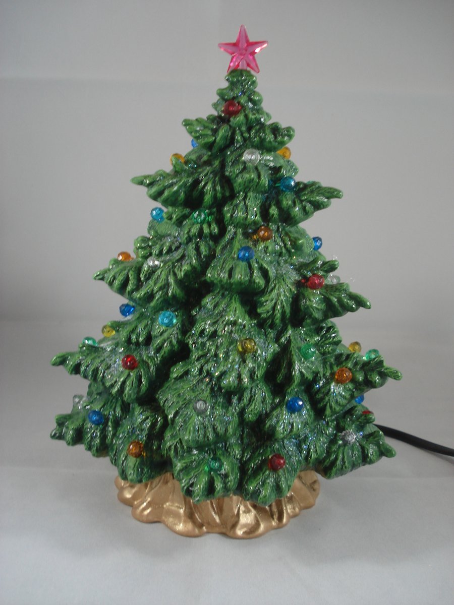 Small Ceramic Hand Painted Green Christmas Xmas Tree G9 LED Table Lamp Ornament.