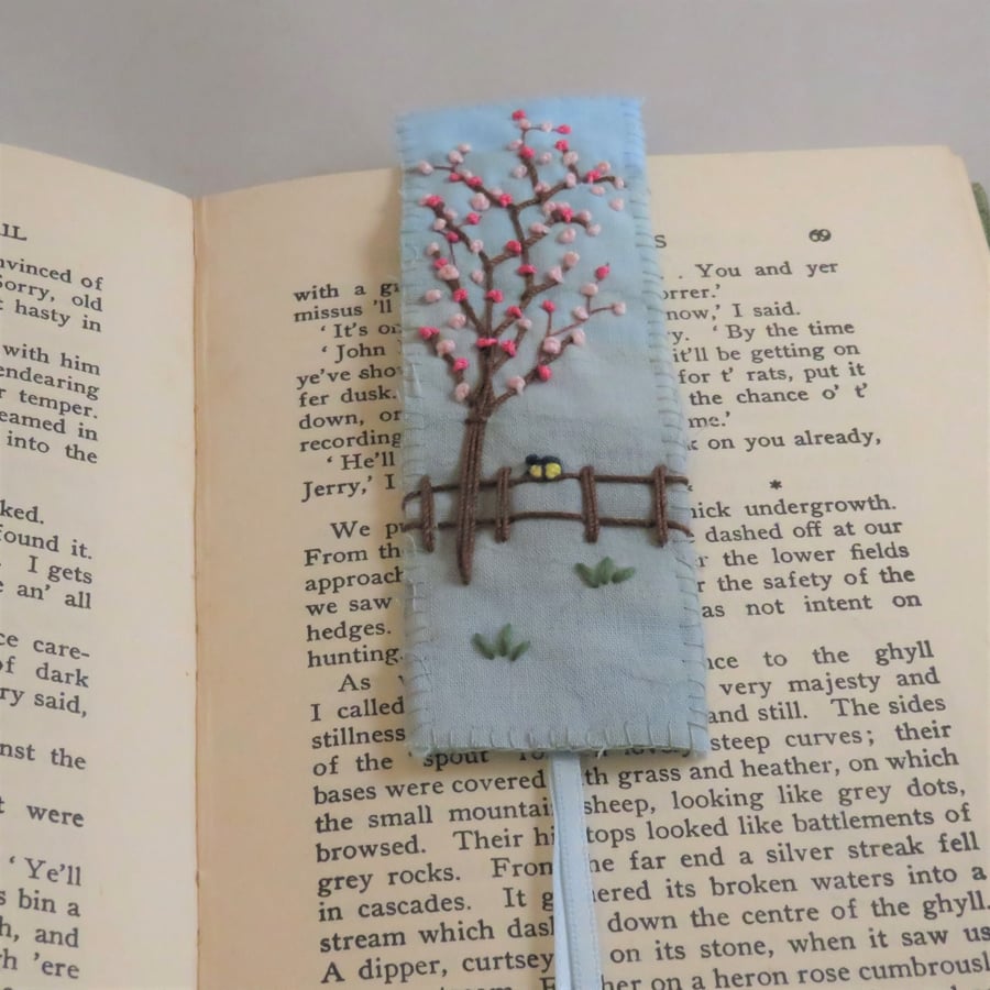 Blossom and two tiny blue tits bookmark - painted and stitched