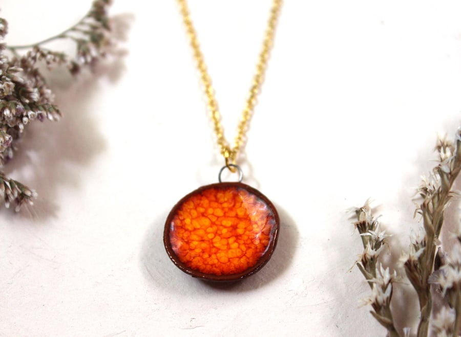 Handmade Bright Orange Ceramic Necklace, Gold Chain, Colourful Glazed Clay Penda