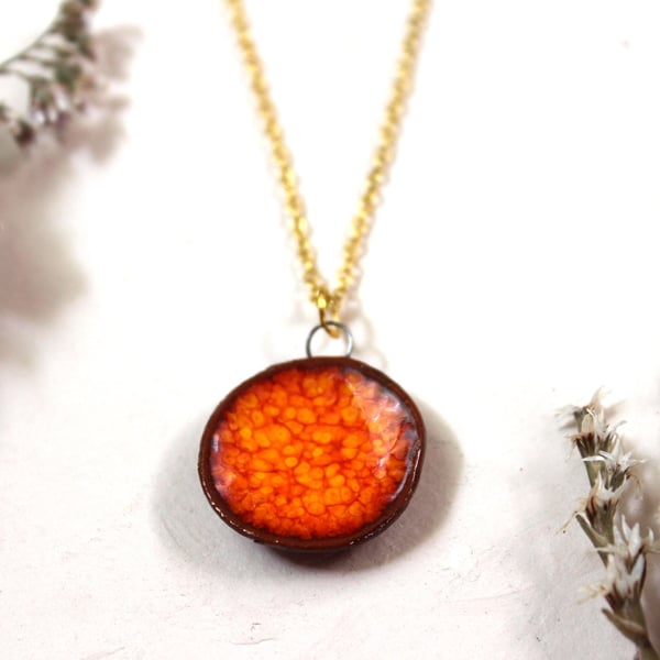 Handmade Bright Orange Ceramic Necklace, Gold Chain, Colourful Glazed Clay Penda
