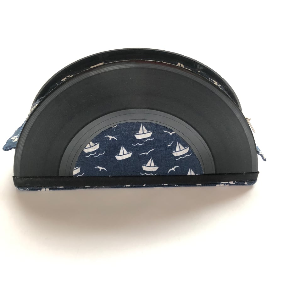 Up-Cycled Single Record Clutch Purse Nautical White Sailing Boats 45rpm
