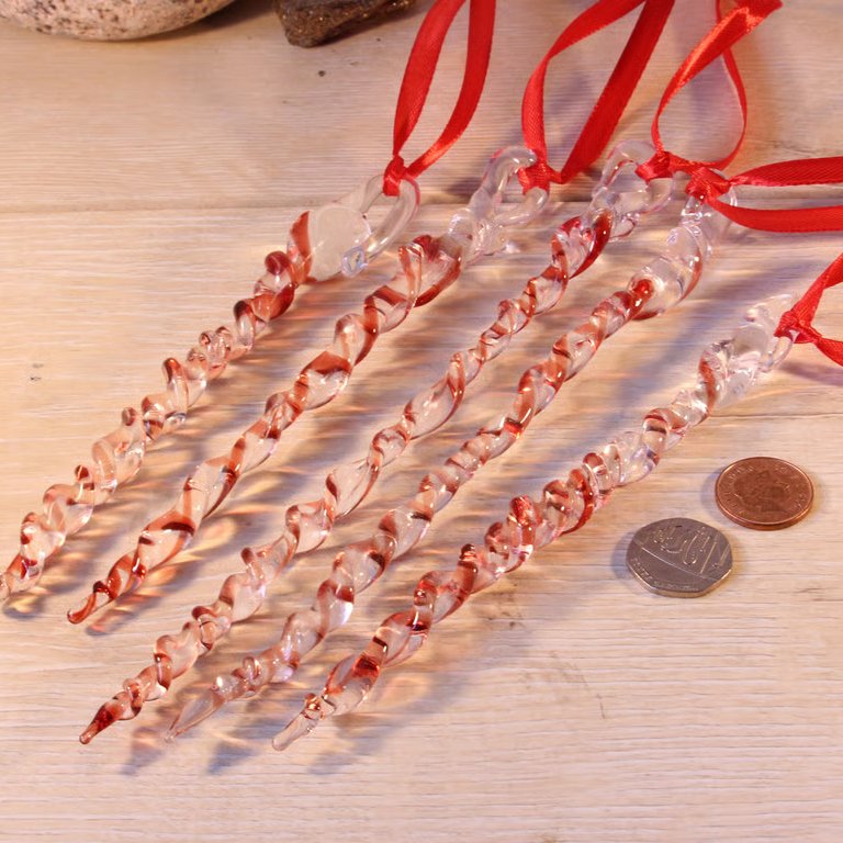 Set of Five Flameworked Glass Icicle decorations in clear and red glass