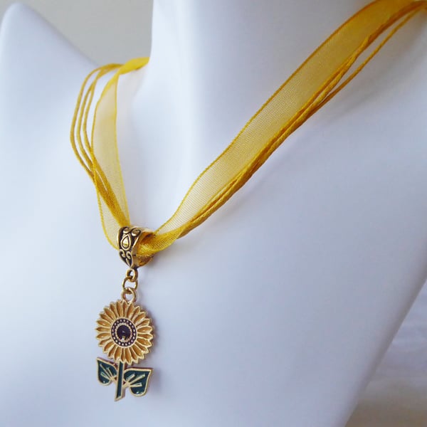 Sunflower and Leaves Enamelled Pendant with Yellow Adjustable Ribbon and Cord