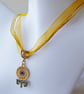 Sunflower and Leaves Enamelled Pendant with Yellow Adjustable Ribbon and Cord