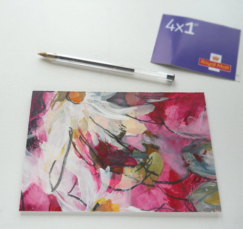original abstract floral painting handmade postcard 