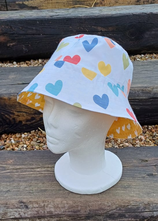 Bucket hat love hearts sun hat upcycled reversable summer festival hat