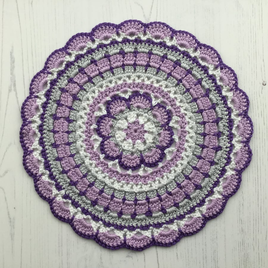 Crochet Mandala Table Mat in Purple Lilac Grey White