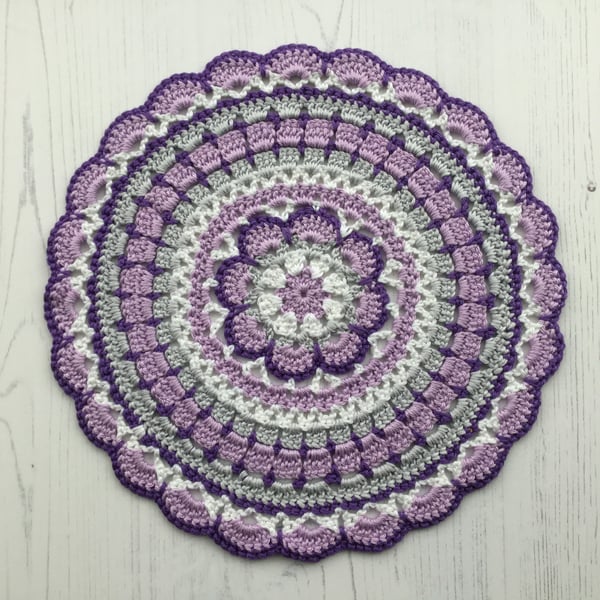Crochet Mandala Table Mat in Purple Lilac Grey White