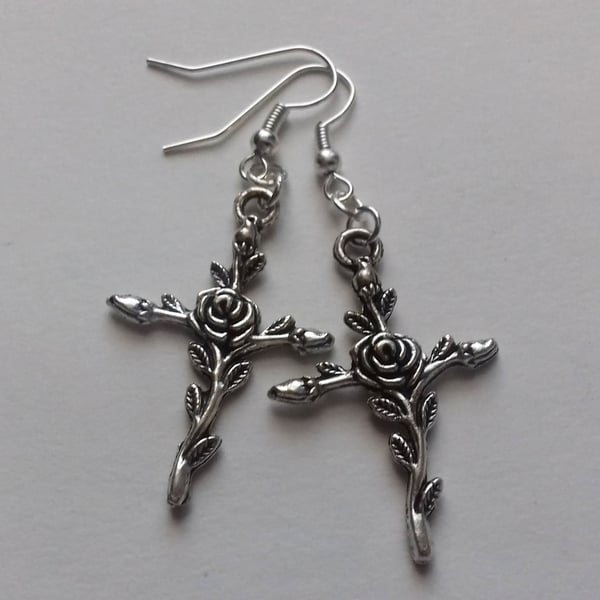 Gothic Rose Cross SIlver Plate Drop Dangle Earrings