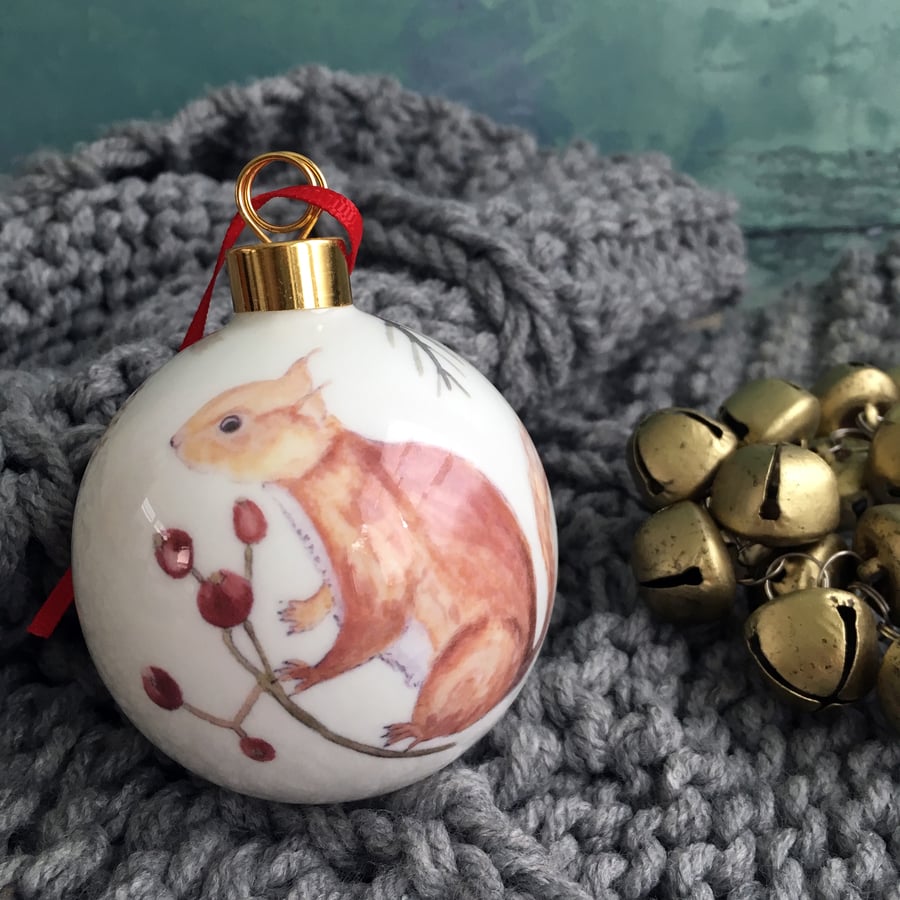 Fine Bone China Red Squirrel Christmas Bauble