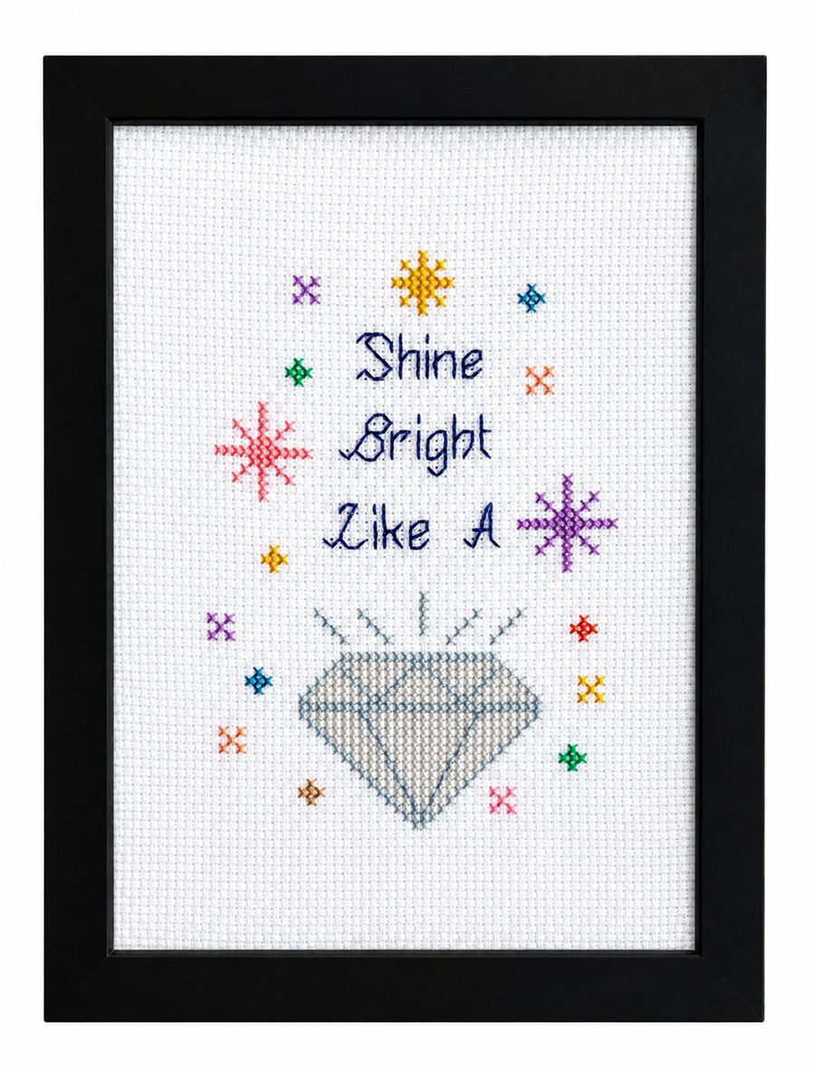 Shine Bright Like a Diamond – Handmade Framed Cross Stitch – Inspirational Quote
