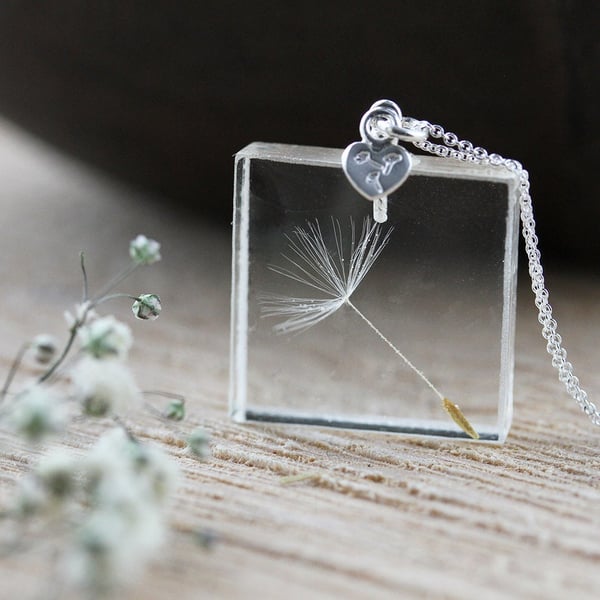 Dandelion Necklace Stamped Silver Heart Gifts for Her Real Dandelion Wish Dandel