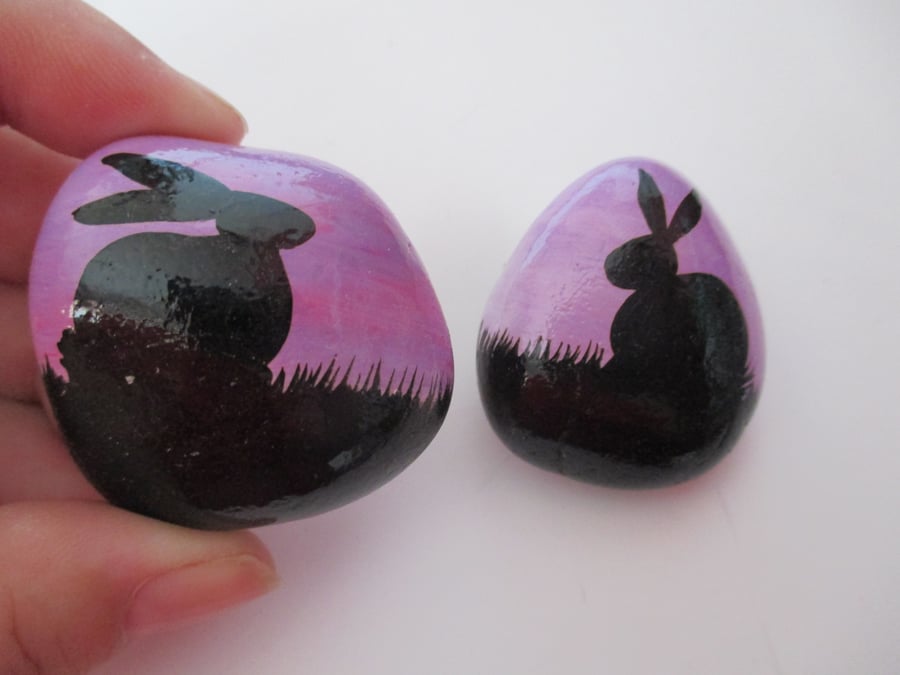 Painted Pebble Bunny Rabbit Silhouette Rock Painting Original Art Set 07