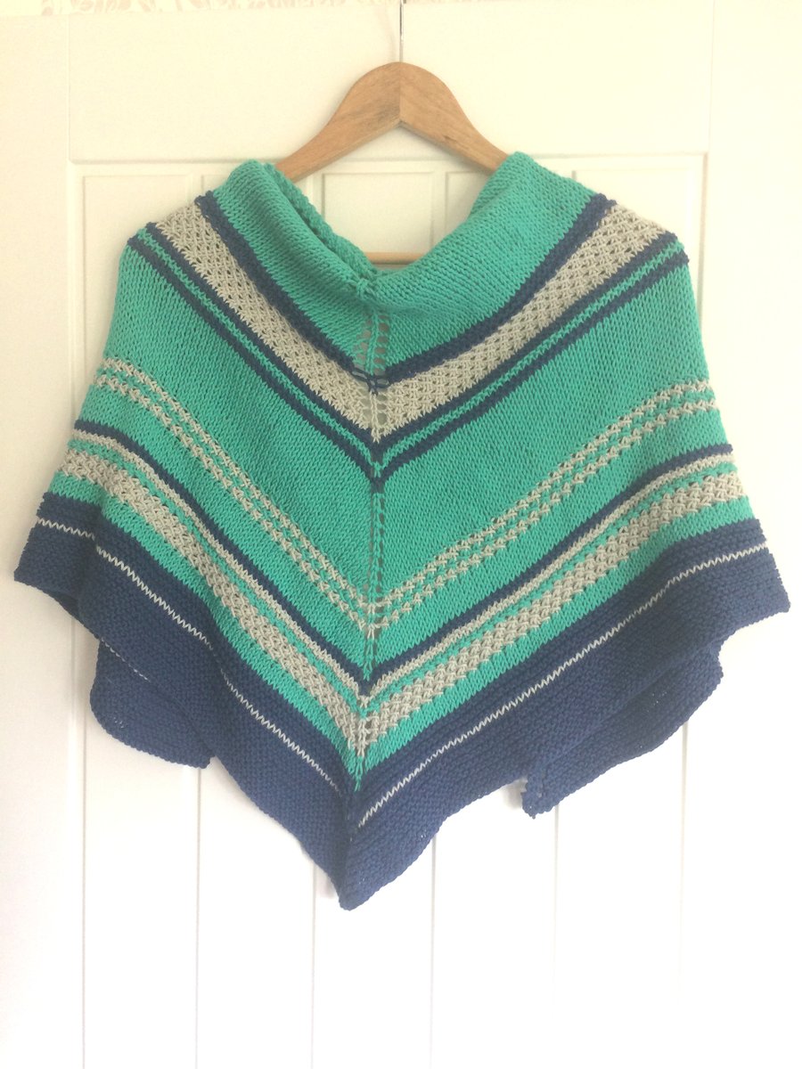 Cotton hand knit lace striped shawl