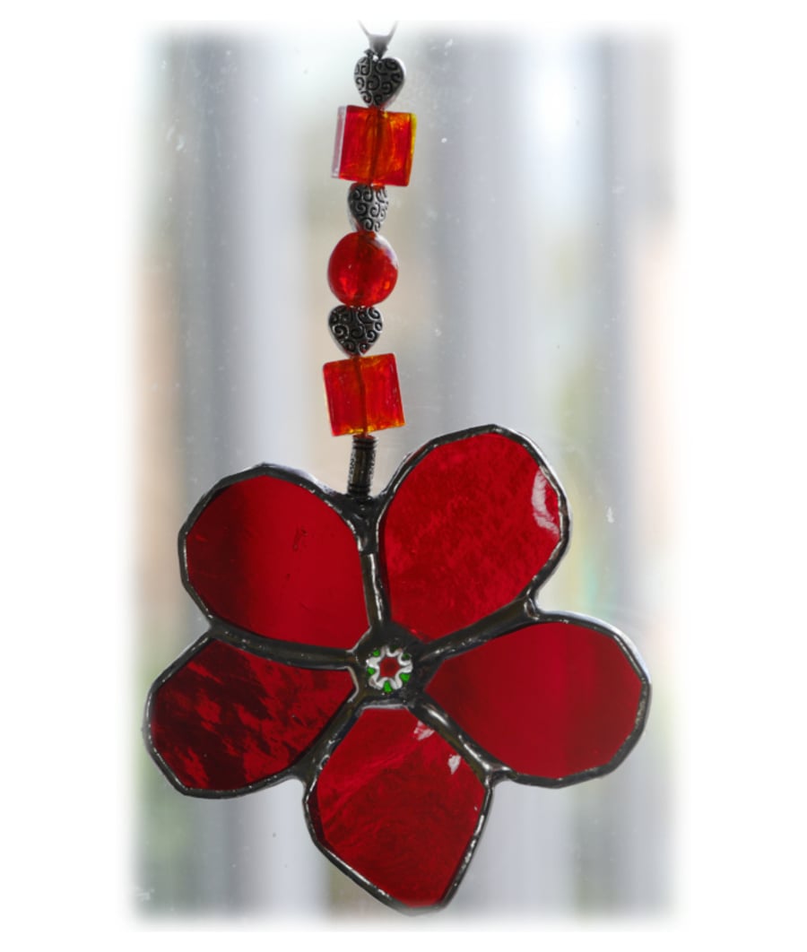 Flower Drop Suncatcher Stained Glass Red Beaded 004