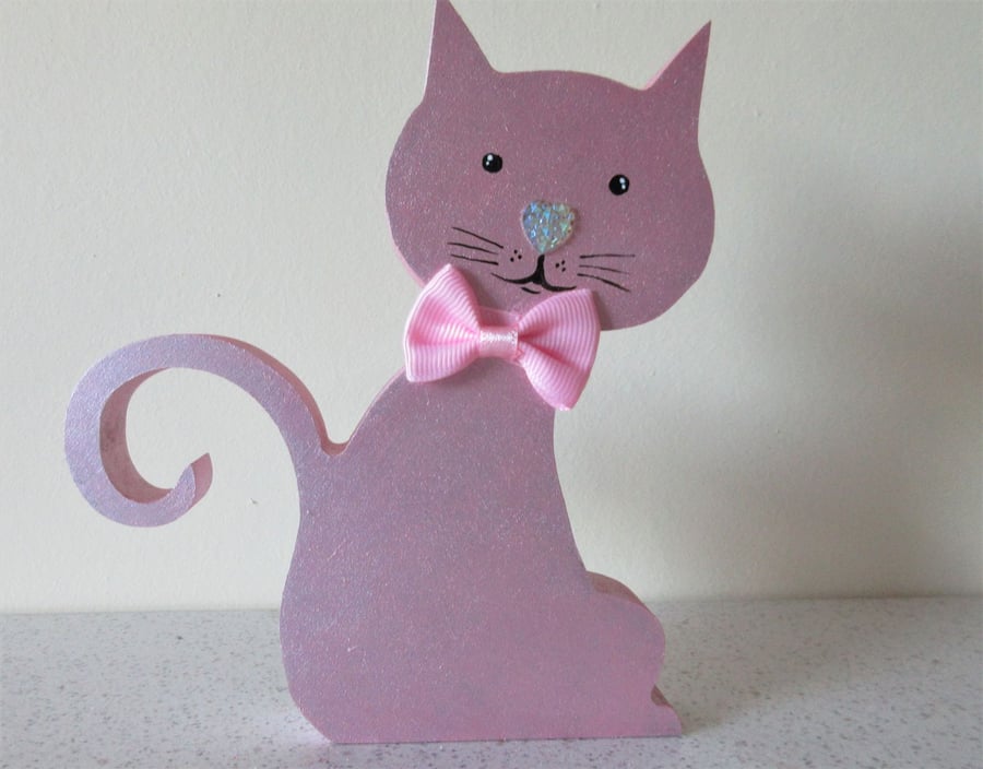 Cat Wooden Ornament Hand Painted Cat Shape in Wood Pale Pink