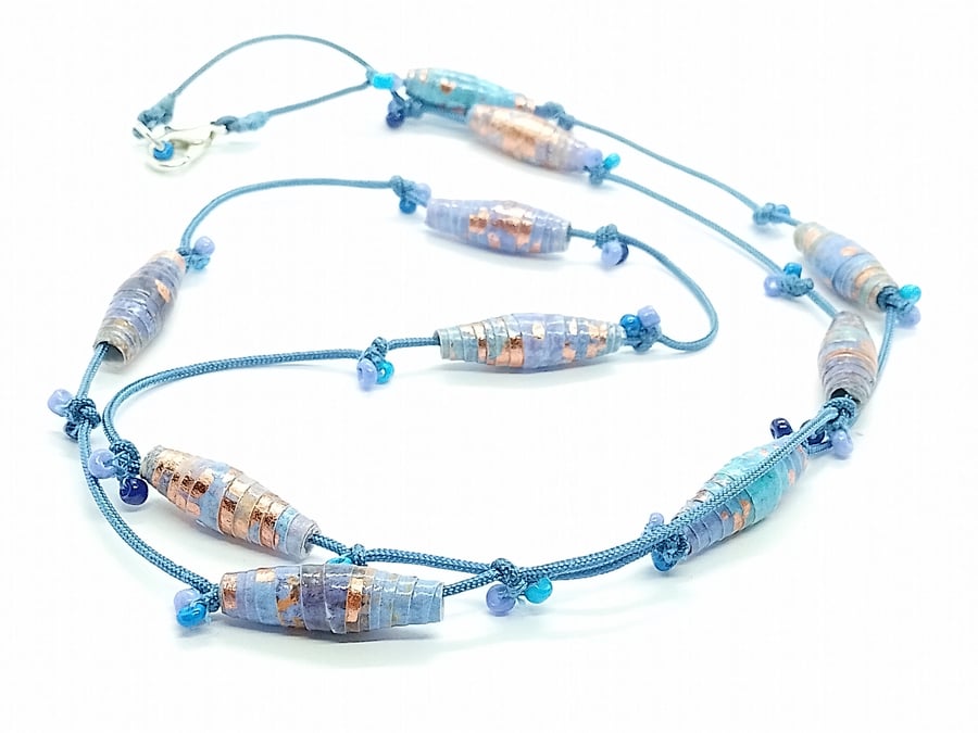 Handmade Summer Swirl Blue Varnished Paper Bead Necklace