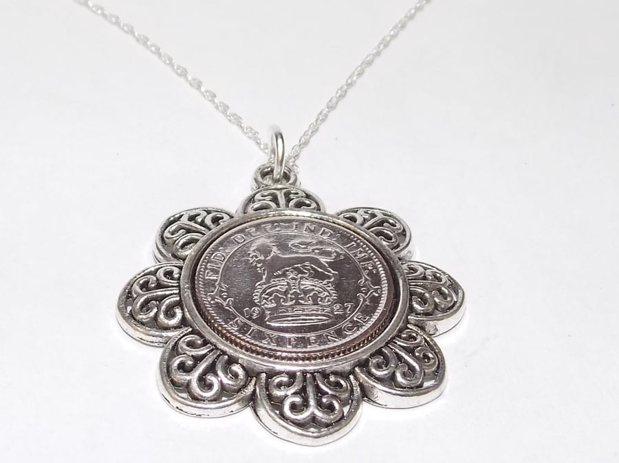 Floral Pendant 1927 Lucky sixpence 93rd Birthday plus a Sterling Silver 18in Cha