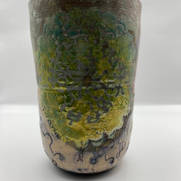 Raku ceramic pot, symbols, yellow, lime, purple 925